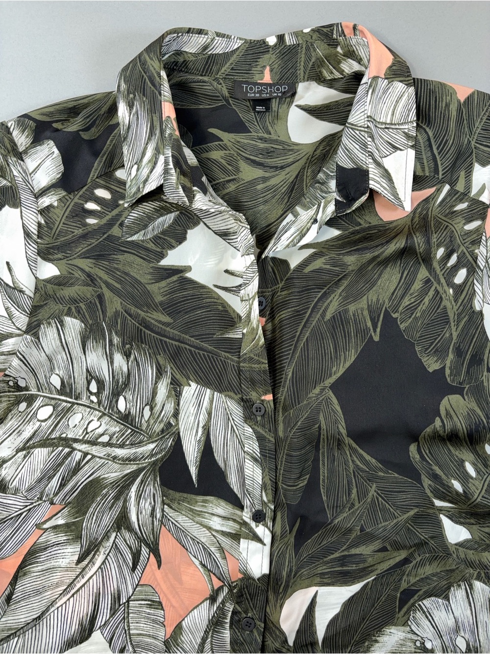 Topshop Tropical Leaf Botanical Print Button Down Blouse Shirt US 6 Green Coral